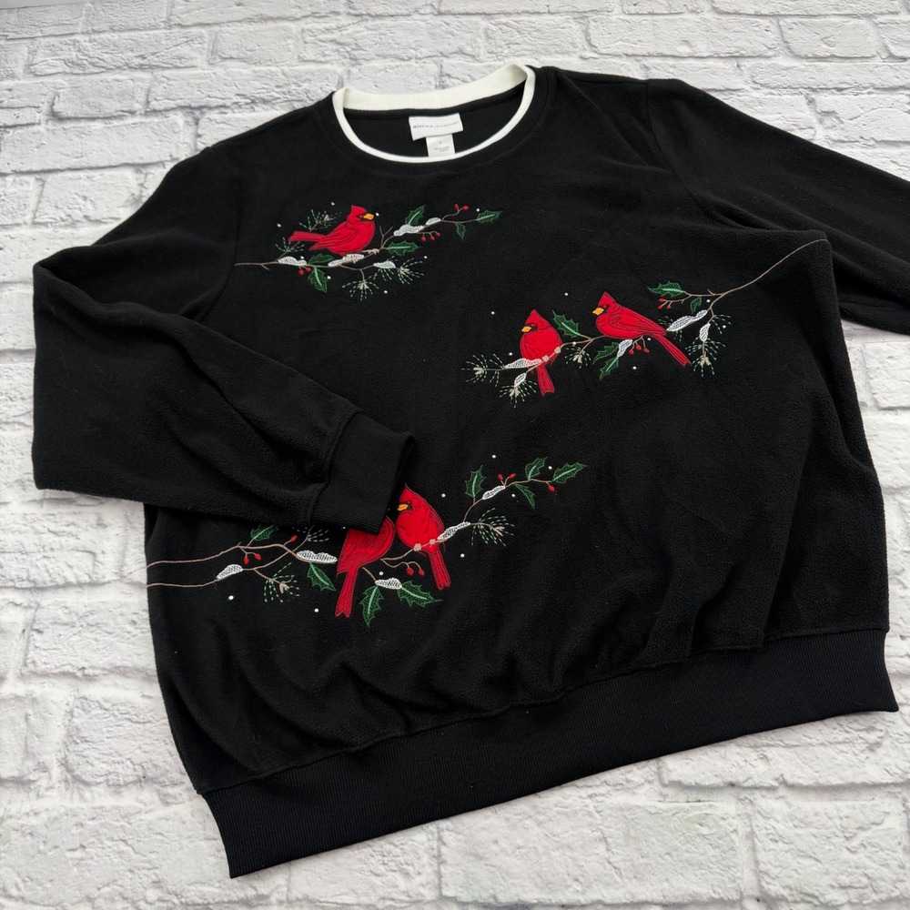 Alfred Dunner Classics Black Fleece Sweatshirt Embroidered Cardinals Large NEW